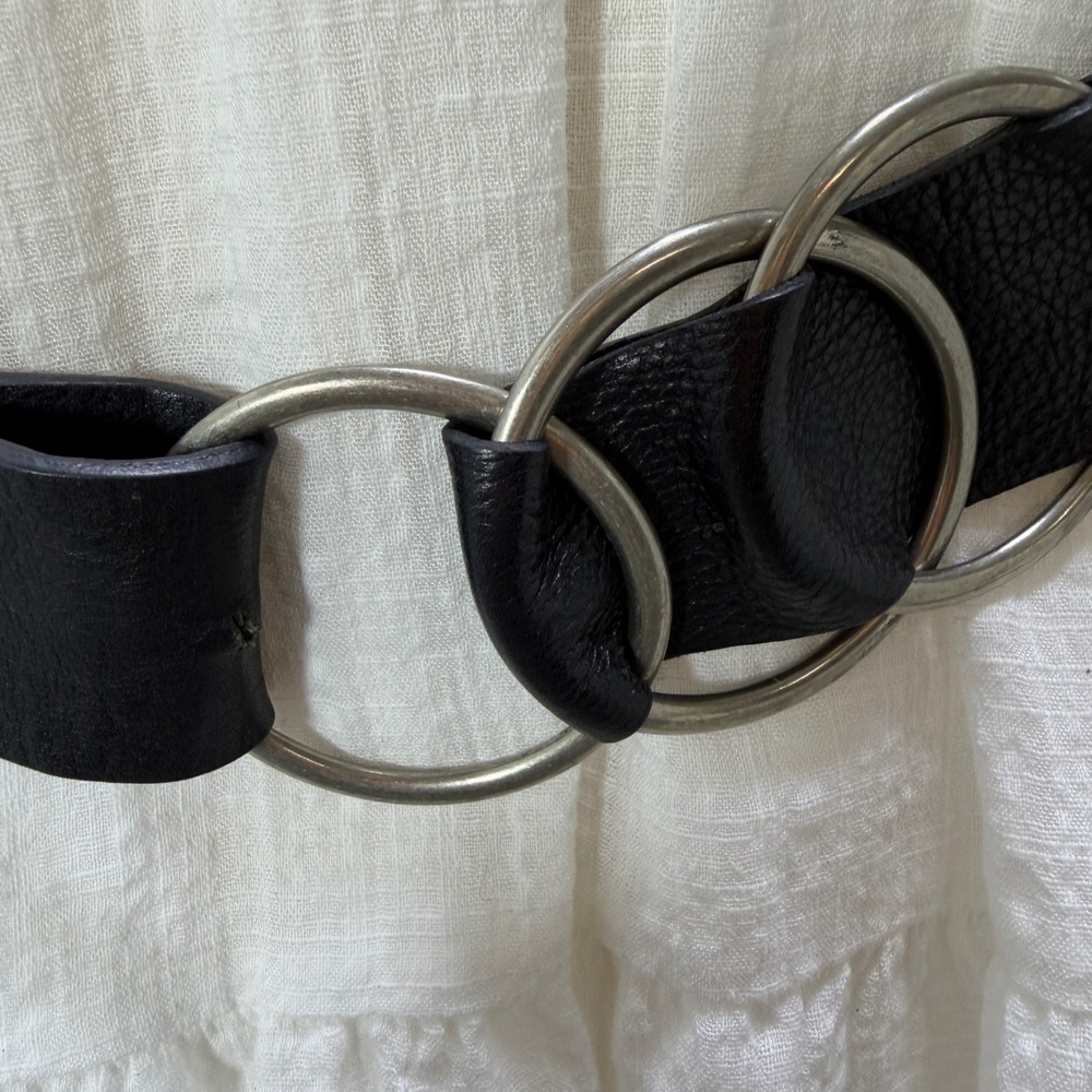 J Jill Womens Black Pebbled Leather Wide Belt Interlocking Silver Ring Buckle